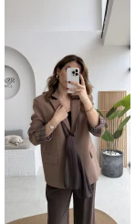 Wınslet Çizgili Fularlı Atlas Blazer Ceket - Kahve - Kod: 9722