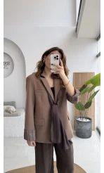 Wınslet Çizgili Fularlı Atlas Blazer Ceket - Kahve - Kod: 9722