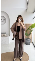 Wınslet Çizgili Fularlı Atlas Blazer Ceket - Kahve - Kod: 9722