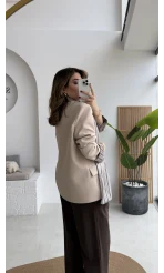 Wınslet Çizgili Fularlı Atlas Blazer Ceket - Taş - Kod: 9722