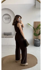 Dik Yaka Sıfır Kol Aksesuar Bağcıklı Triko Takım - Acı Kahve - Kod: 0883