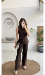 Dik Yaka Sıfır Kol Aksesuar Bağcıklı Triko Takım - Acı Kahve - Kod: 0883