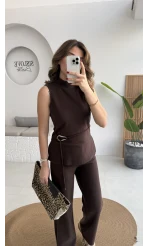 Dik Yaka Sıfır Kol Aksesuar Bağcıklı Triko Takım - Acı Kahve - Kod: 0883