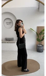 Dik Yaka Sıfır Kol Aksesuar Bağcıklı Triko Takım - Siyah - Kod: 0883