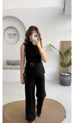 Dik Yaka Sıfır Kol Aksesuar Bağcıklı Triko Takım - Siyah - Kod: 0883