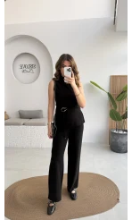 Dik Yaka Sıfır Kol Aksesuar Bağcıklı Triko Takım - Siyah - Kod: 0883