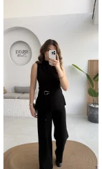 Dik Yaka Sıfır Kol Aksesuar Bağcıklı Triko Takım - Siyah - Kod: 0883