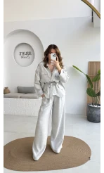 Emma Kuşaklı Ceket Pantolon Takım - Gri - Kod: 9701
