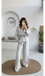 Emma Kuşaklı Ceket Pantolon Takım - Gri - Kod: 9701