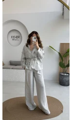 Emma Kuşaklı Ceket Pantolon Takım - Gri - Kod: 9701