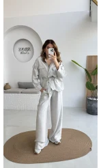 Emma Kuşaklı Ceket Pantolon Takım - Gri - Kod: 9701