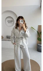 Emma Kuşaklı Ceket Pantolon Takım - Gri - Kod: 9701