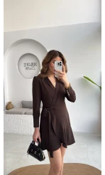 Kruvaze Yaka Önden Bağlamalı Mini Elbise - Kahverengi - Kod: 0923
