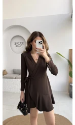 Kruvaze Yaka Önden Bağlamalı Mini Elbise - Kahverengi - Kod: 0923