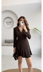 Kruvaze Yaka Önden Bağlamalı Mini Elbise - Kahverengi - Kod: 0923