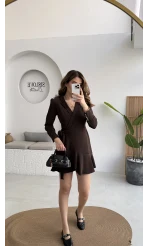 Kruvaze Yaka Önden Bağlamalı Mini Elbise - Kahverengi - Kod: 0923