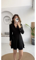 Kruvaze Yaka Önden Bağlamalı Mini Elbise - Siyah - Kod: 0923