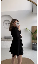 Kruvaze Yaka Önden Bağlamalı Mini Elbise - Siyah - Kod: 0923