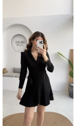 Kruvaze Yaka Önden Bağlamalı Mini Elbise - Siyah - Kod: 0923