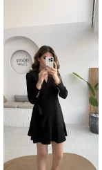 Kruvaze Yaka Önden Bağlamalı Mini Elbise - Siyah - Kod: 0923