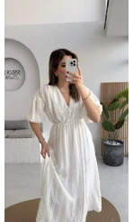 Alise Püsküllü V Yaka Balon Kol Elbise - Ekru - Kod: 3075