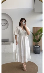 Alise Püsküllü V Yaka Balon Kol Elbise - Ekru - Kod: 3075