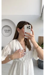 Alise Püsküllü V Yaka Balon Kol Elbise - Ekru - Kod: 3075