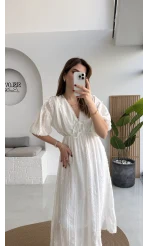 Alise Püsküllü V Yaka Balon Kol Elbise - Ekru - Kod: 3075