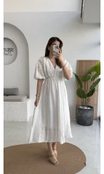Alise Püsküllü V Yaka Balon Kol Elbise - Ekru - Kod: 3075