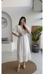 Alise Püsküllü V Yaka Balon Kol Elbise - Ekru - Kod: 3075