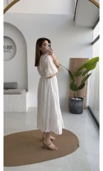 Alise Püsküllü V Yaka Balon Kol Elbise - Ekru - Kod: 3075