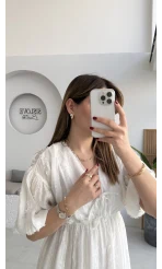 Alise Püsküllü V Yaka Balon Kol Elbise - Ekru - Kod: 3075