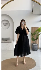 Alise Püsküllü V Yaka Balon Kol Elbise - Siyah - Kod: 3075