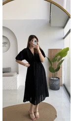 Alise Püsküllü V Yaka Balon Kol Elbise - Siyah - Kod: 3075