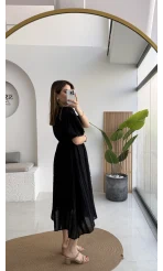 Alise Püsküllü V Yaka Balon Kol Elbise - Siyah - Kod: 3075