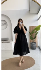 Alise Püsküllü V Yaka Balon Kol Elbise - Siyah - Kod: 3075