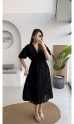 Alise Püsküllü V Yaka Balon Kol Elbise - Siyah - Kod: 3075