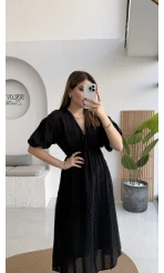 Alise Püsküllü V Yaka Balon Kol Elbise - Siyah - Kod: 3075