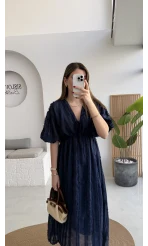 Alise Püsküllü V Yaka Balon Kol Elbise - Lacivert - Kod: 3075