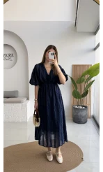 Alise Püsküllü V Yaka Balon Kol Elbise - Lacivert - Kod: 3075