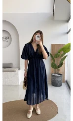 Alise Püsküllü V Yaka Balon Kol Elbise - Lacivert - Kod: 3075