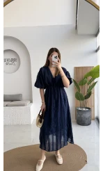 Alise Püsküllü V Yaka Balon Kol Elbise - Lacivert - Kod: 3075