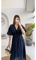 Alise Püsküllü V Yaka Balon Kol Elbise - Lacivert - Kod: 3075