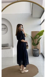 Alise Püsküllü V Yaka Balon Kol Elbise - Lacivert - Kod: 3075