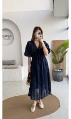 Alise Püsküllü V Yaka Balon Kol Elbise - Lacivert - Kod: 3075