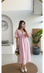 Alise Püsküllü V Yaka Balon Kol Elbise - Pembe - Kod: 3075