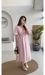 Alise Püsküllü V Yaka Balon Kol Elbise - Pembe - Kod: 3075