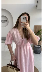 Alise Püsküllü V Yaka Balon Kol Elbise - Pembe - Kod: 3075