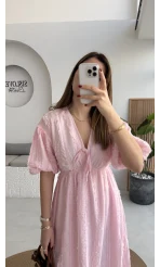 Alise Püsküllü V Yaka Balon Kol Elbise - Pembe - Kod: 3075