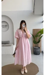 Alise Püsküllü V Yaka Balon Kol Elbise - Pembe - Kod: 3075